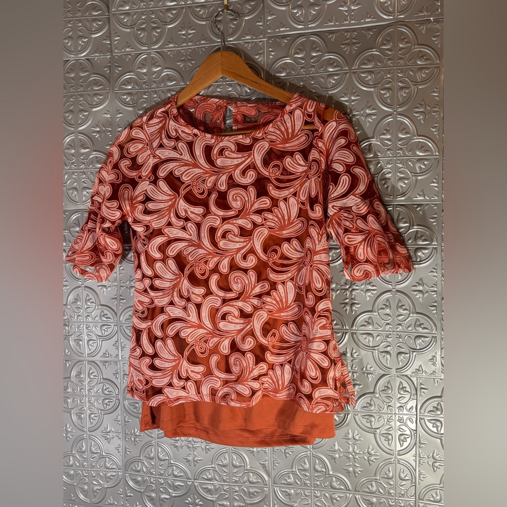 Ny collection Pink Salmon Orange Lace Blouse Matching Camisole business office